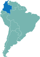Highlighted map of COLOMBIA inside detailed blank flat political map of South (Latin) American continent on isolated background