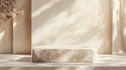 Marble Platform with Sunlit Beige Walls and Dried Floral Decor