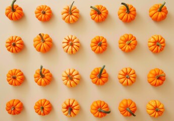 pumpkins, autumn, harvest, decoration, fall, vibrant, orange, background, seasonal, pattern, colorful, fresh, agriculture, nature, flat lay, four rows, home decor, festive, arrangement