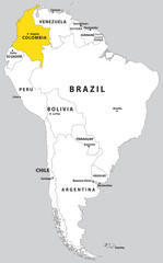 Highlighted map of COLOMBIA inside detailed blank flat political map of South (Latin) American continent on isolated background