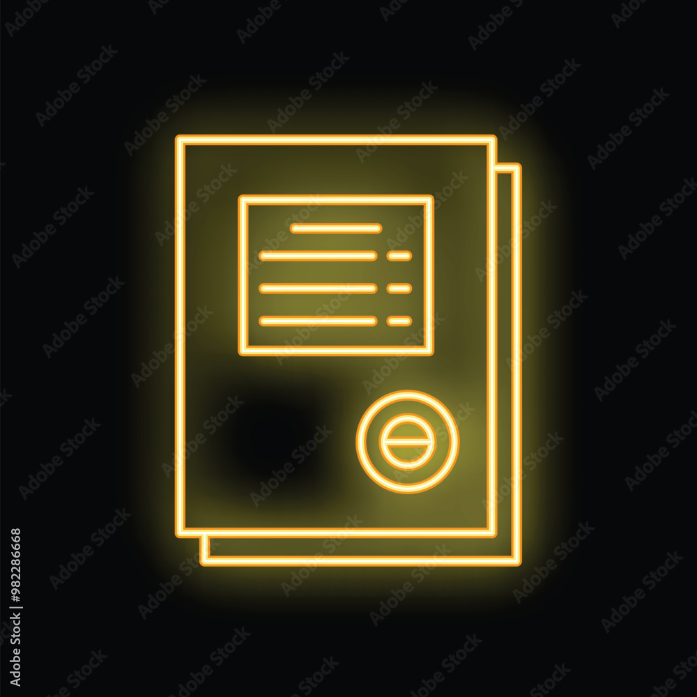Poster glowing neon line icon of a document with text and a minus sign on a black background