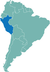 Highlighted map of PERU inside detailed blank flat political map of South (Latin) American continent on isolated background