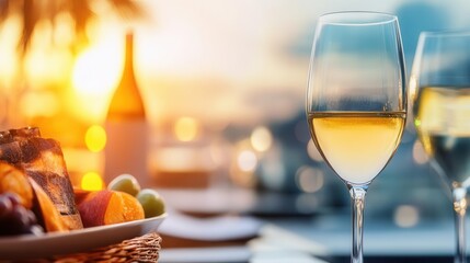 Two glasses of white wine on a table with fruit and a bottle of wine, set against a sunset.