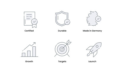 Trusted Business Icons. Certification, Durability, and Growth Symbols. Custom Solutions for Success. Vector Editable Stroke Icons.