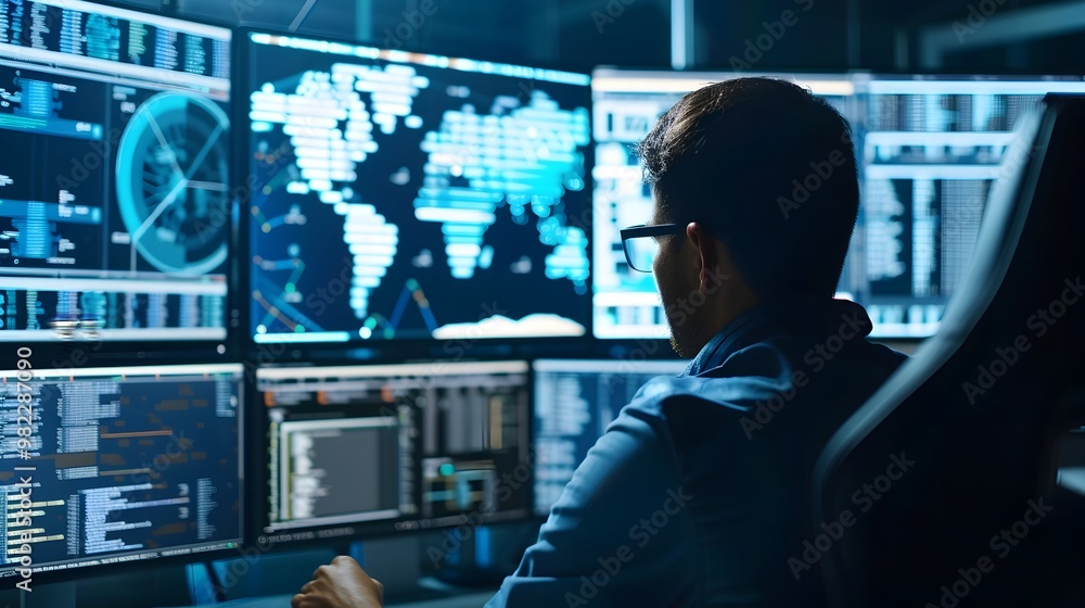 Poster cybersecurity command center monitoring advanced persistent threat attacks and mitigating cyber espi