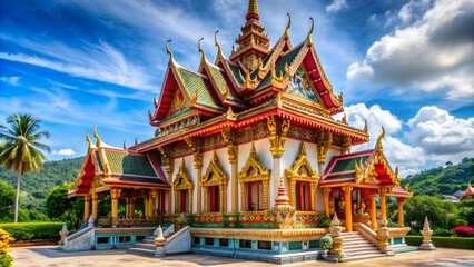Naklejka premium Pagoda with intricate carvings and colorful decorations at a Thai monastery in Phuket, Thailand