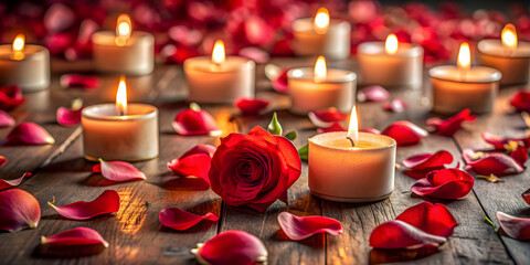 Romantic setting with candles and scattered rose petals , romance, love, passion, candles, decor, cozy