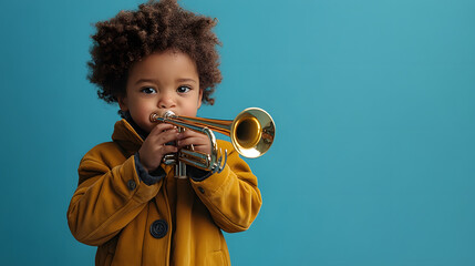 A kid blowing into a trumpet with puffed cheeks, standing against a solid blue background