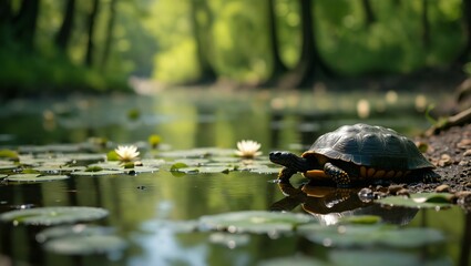 Fototapeta premium Turtle on Lily Pad-Studded Pond in Natural Setting