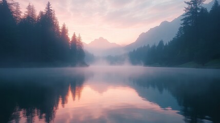 Fototapeta premium Serene Mountain Lake with Fog and Pink Sky at Dawn