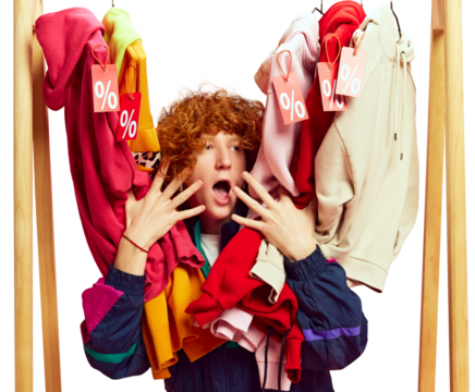 With sale tags all around, enthusiastic shopper clearly loving discounts, surrounded by colorful selection of stylish apparel against transparent background. Concept of Black Friday, fashion. Ad