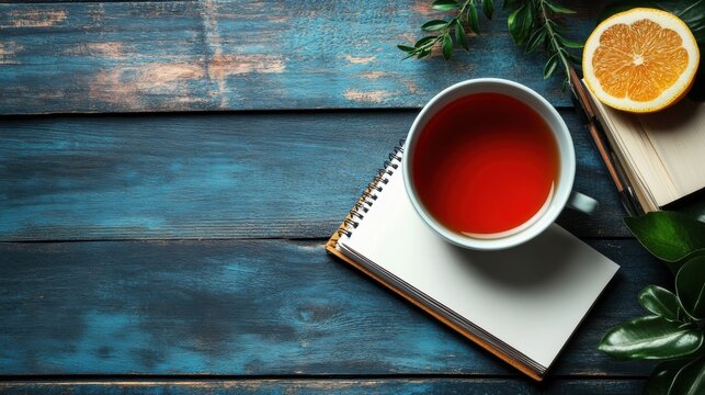 a tidy desk with a notebook and tea cup represents work-life balance a concept for a banner idea