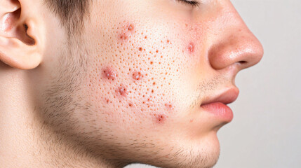 Closeup man face with red pimples, inflammation on face and problem skin. Acne, rosacea and couperose therapy. Facial treatment skincare routine and hygiene Cosmetic and beauty banner with copy space