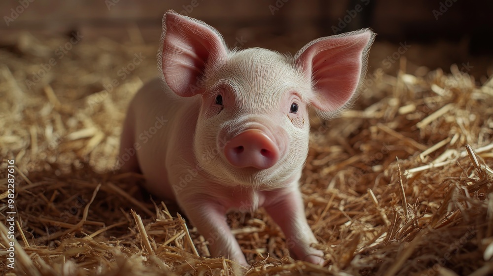 Wall mural cute piglet in hay