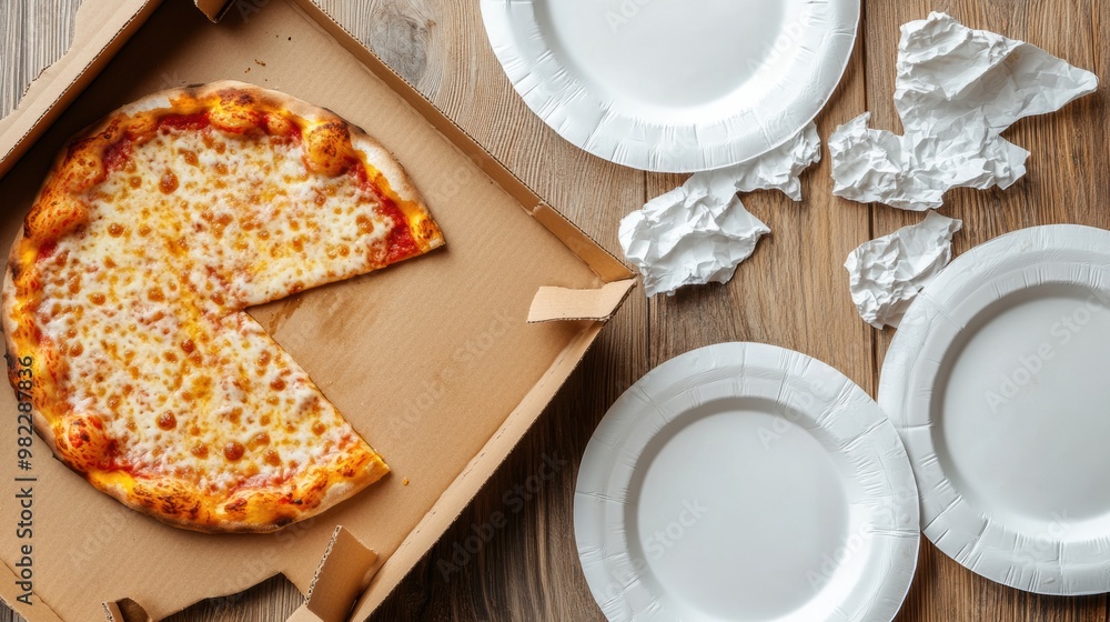 Poster a pizza in a box with one slice missing from it, ai
