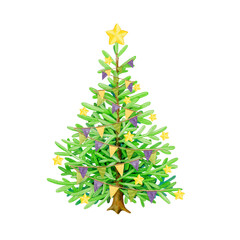 Vintage style Christmas tree decorated with flag garlands, golden stars in bright colors illustration. Hand drawn evergreen fir tree with festive bright decoration. Winter holidays tree decor element