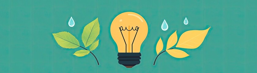 An artistic representation of a light bulb surrounded by vibrant leaves and water droplets, symbolizing innovation and nature.