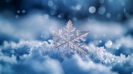 Delicate snowflake on soft winter snow, serene backdrop, winter background. Generative AI