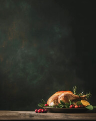 A roasted turkey with cranberries and orange slices on a plate