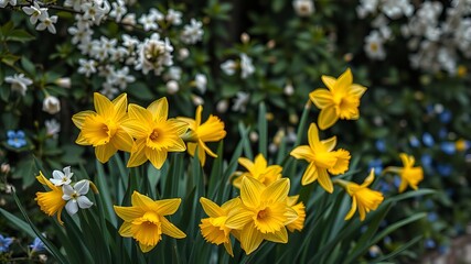 Obraz premium Vibrant yellow daffodils bloom amidst lush greenery, surrounded by delicate cherry blossoms and subtle hints of blue