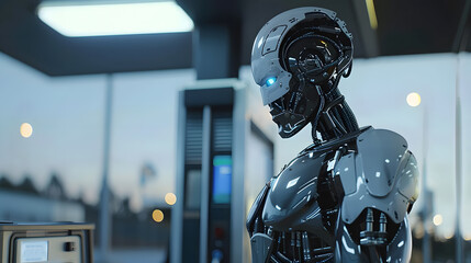 Fototapeta premium The robot, the android, is ready to perform work functions. AI Generated