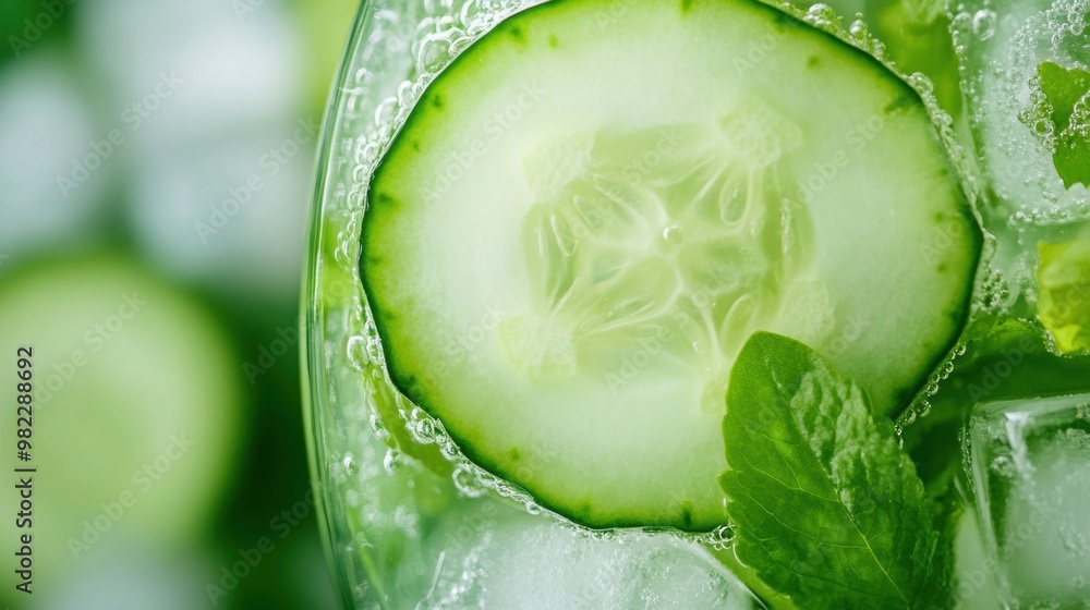 Poster a close up of a cucumber slice with mint leaves in it, ai