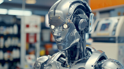 Fototapeta premium The robot, the android, is ready to perform work functions. AI Generated