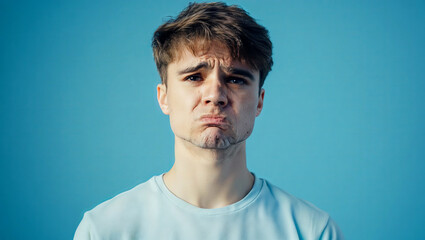 Fototapeta premium Sad young man with dissatisfied expression, isolated on blue background, emotional reaction, studio portrait, showing frustration and unhappiness, website header with copy space. Generative AI