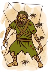 Man with Spider Web and Spiders Cartoon Illustration