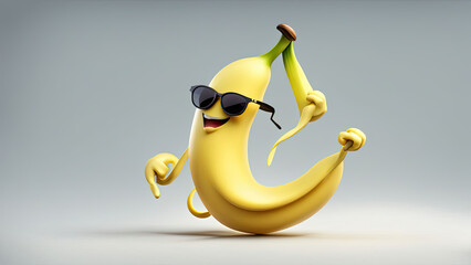 A cheerful and playful banana character wearing sunglasses, holding a smaller banana in one hand, radiating fun energy. Perfect for quirky food-related designs or fun children's projects.