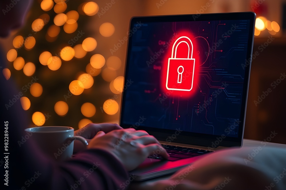 Aufkleber hands typing on a laptop displaying a glowing lock icon, symbolizing data security and privacy prote