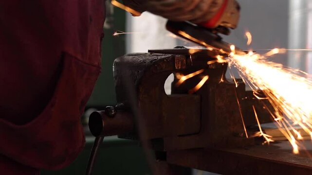 Industrial professional worker grinding metal. Sparks fly from hot metal. Craftsman use saw cutting machine to cut metal detail. Man with circular saw sawing steel in garage or workshop.