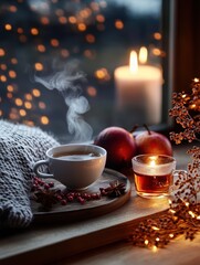 Fototapeta premium A cozy corner featuring a knit blanket and a steaming cup of tea, surrounded by autumn decorations