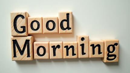 Wooden blocks spell out a friendly Good Morning message against a light backdrop, creating an inviting atmosphere to greet the day ahead