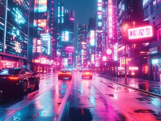 Neon-lit cityscape with a car driving through a wet, rainy street at night.