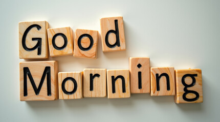 Wooden blocks spell out a cheerful morning greeting on a light backdrop, creating a warm and inviting atmosphere for the start of the day