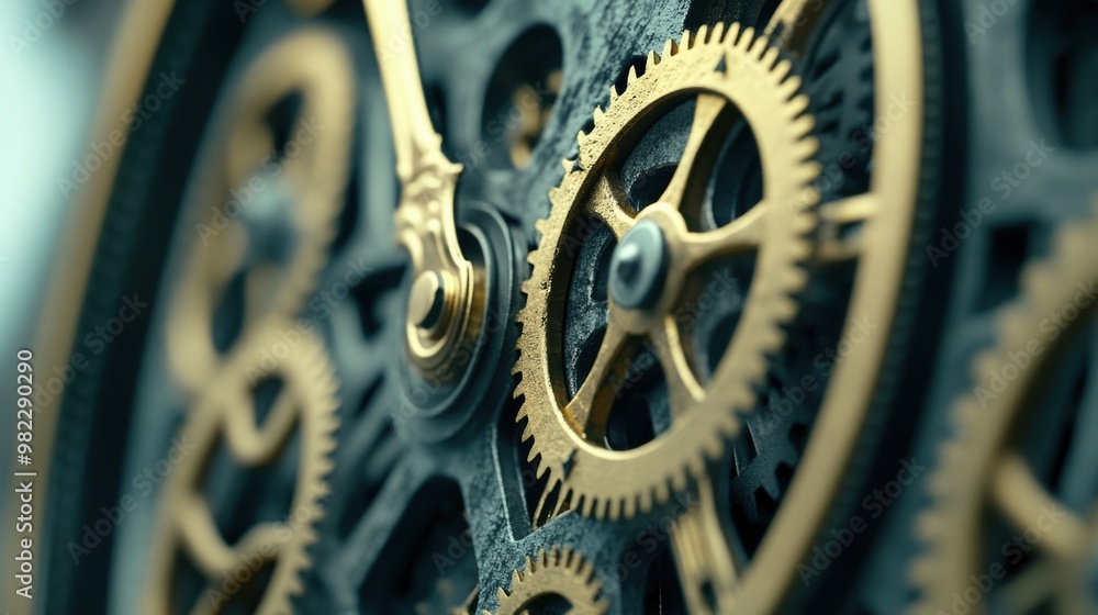 Poster A close up of a clock with gears and wheels on it, AI