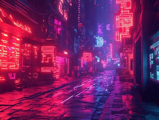 Fototapeta premium Neon-lit cyberpunk alleyway with wet cobblestones and glowing signs.
