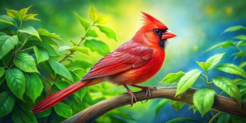 Delicate pencil strokes convey the warm radiance of a vibrant crimson cardinal as it alights on a verdant