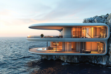 Fototapeta premium House on a cliff by the sea, modern European architectural design, panoramic windows.