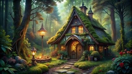 Fototapeta premium Whimsical woodland cottage charms with twinkling crystals, delicate fairy lanterns, and crescent moons adorning the