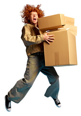 Overjoyed young red haired man, shopaholic, jumping holding cardboard boxes against transparent...