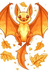 Cute Cartoon Bat with Autumn Leaves