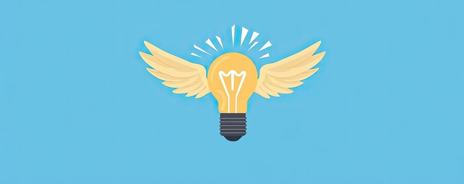 A creative illustration of a light bulb with wings, symbolizing ideas and innovation taking flight against a soothing blue background.