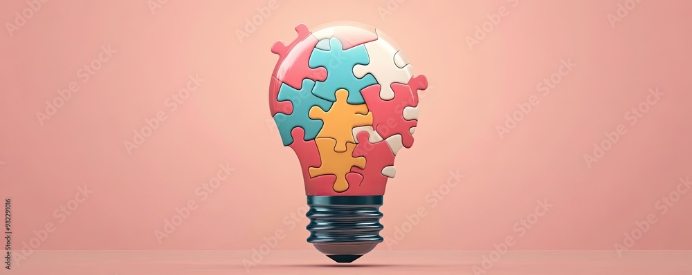 Poster a colorful light bulb made of puzzle pieces, symbolizing creativity, problem solving, and innovative