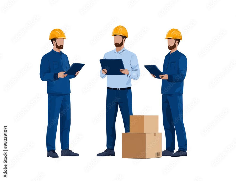 Poster three men in hard hats are inspecting stock in warehouse, using tablets to check inventory. their fo