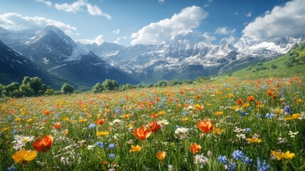 Fototapeta premium A Wildflower Meadow at the Foot of a Snowy Mountain Range