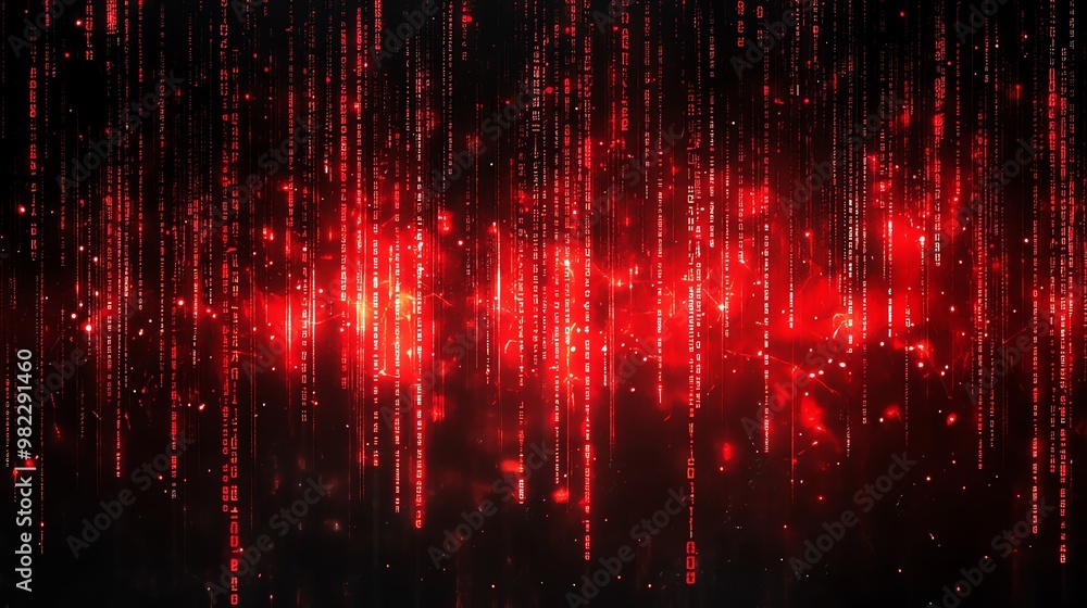 Poster red digital binary code rain on a dark background.