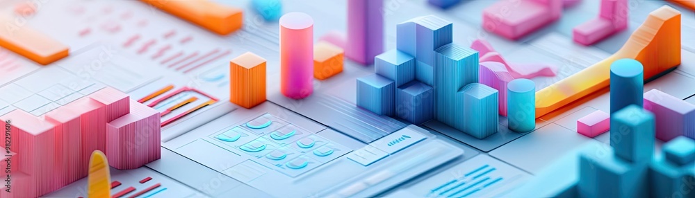 Aufkleber Colorful 3D geometric shapes representing data visualizations and analysis trends on a modern interface.