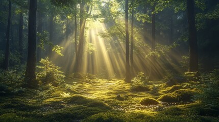 Obraz premium Sunbeams Filtering Through the Canopy of a Lush Forest